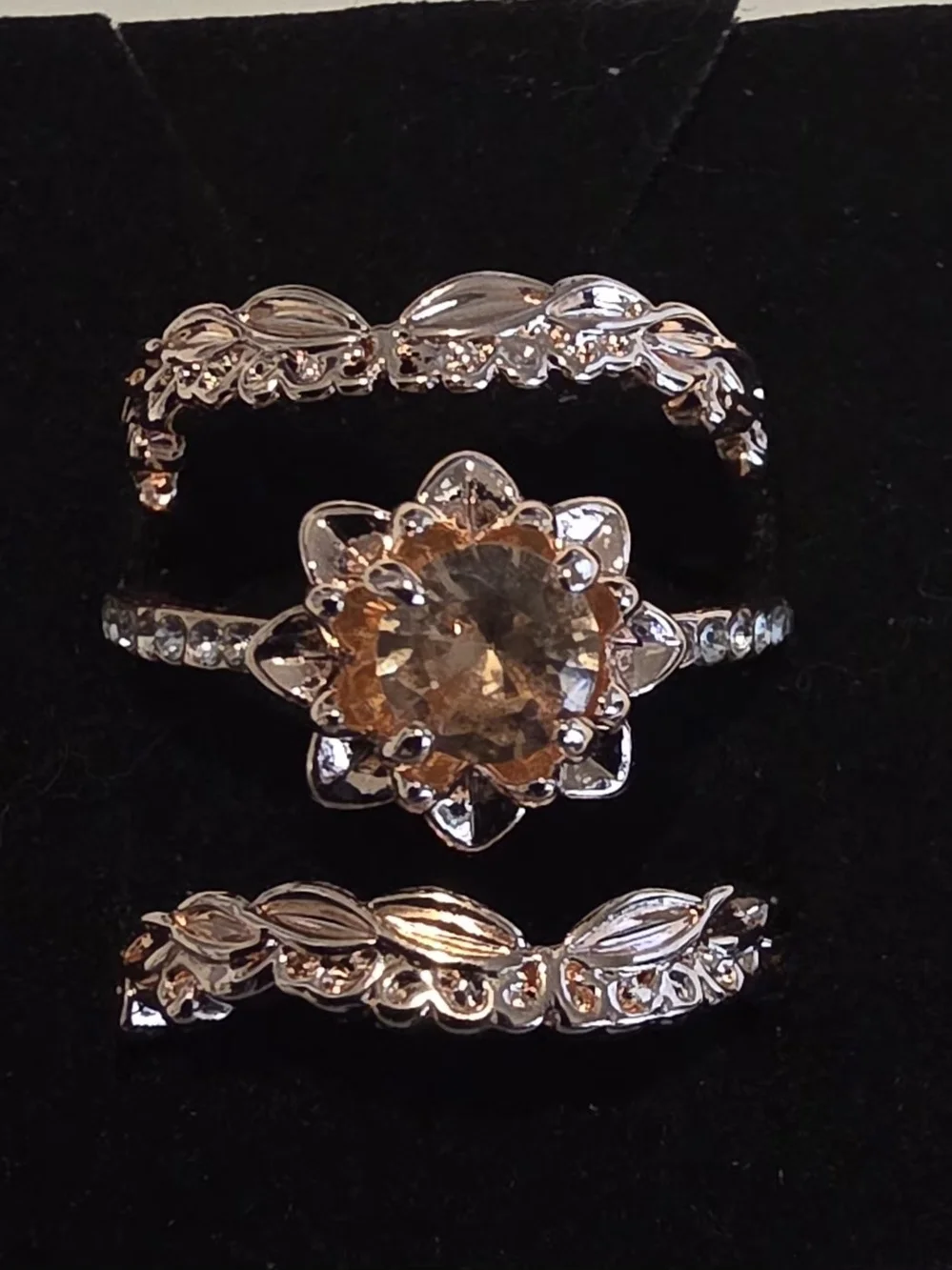 NWT Sterling Silver Rose Gold Floral Ring Set | Size 9 | Champagne CZ | 3-Piece